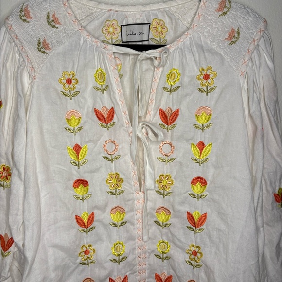 Innika Choo Smocked Embroidered Linen Mini Dress tulips OS - Picture 2 of 7